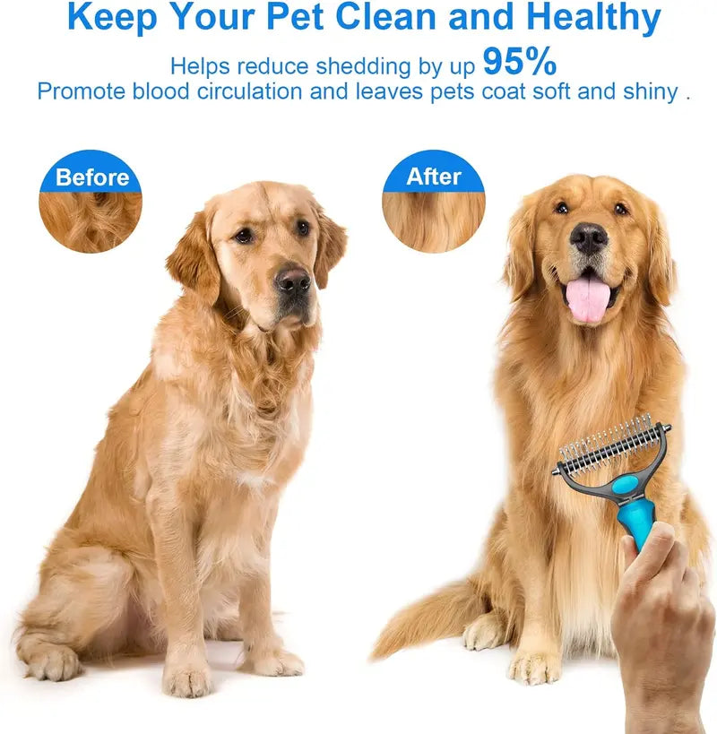 Dual Sided Pet Dematting Deshedding Comb, Non-Slip Ergonomic Grooming Brush