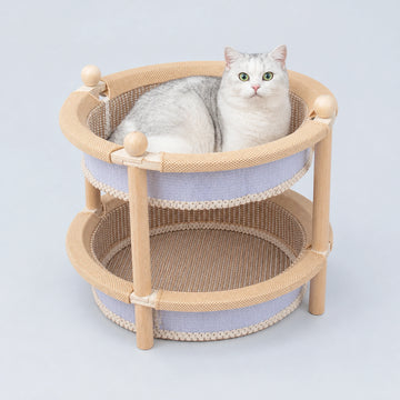 2-Tier Wooden Cat Scratcher Bed with Sisal Mat & Play Ball