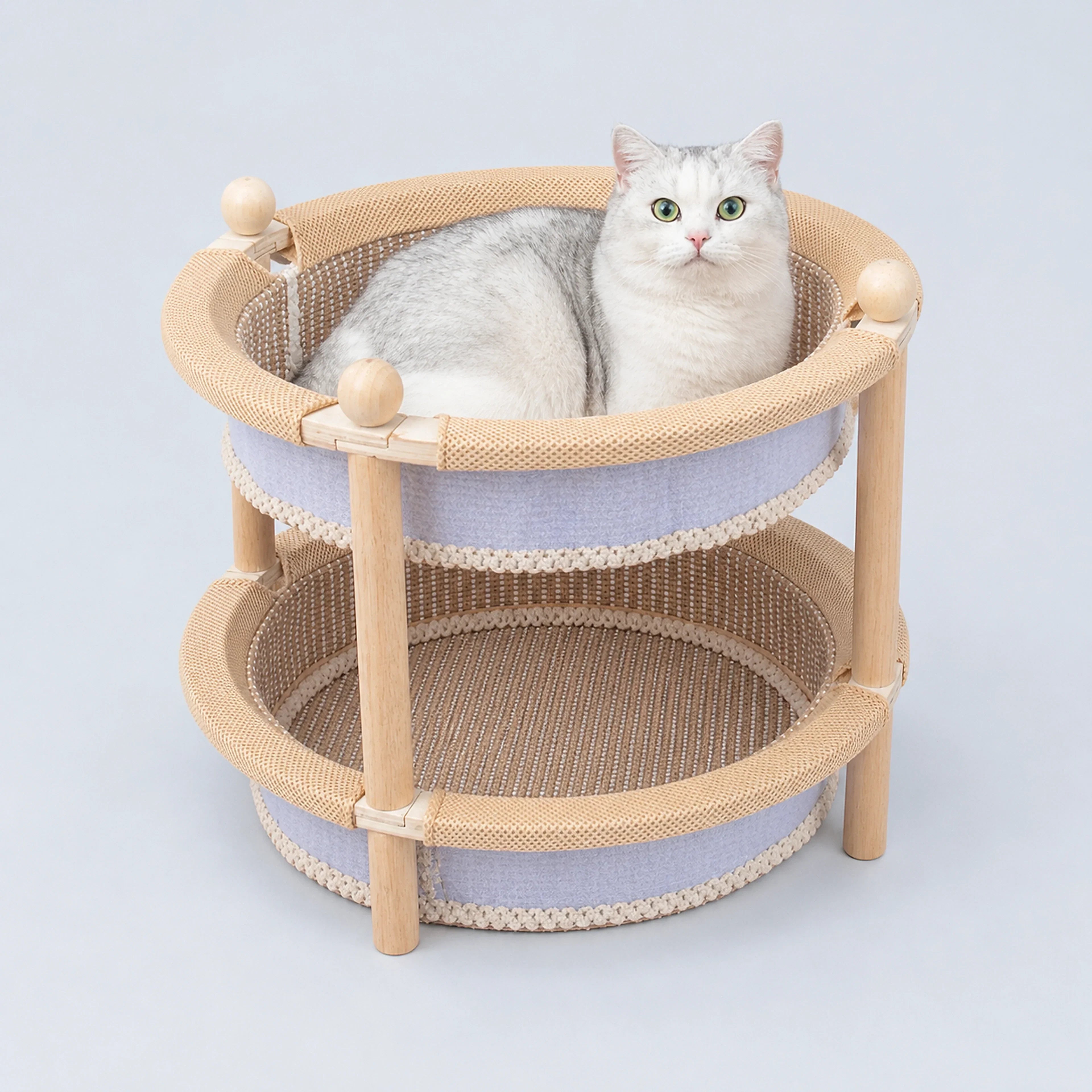 2-Tier Wooden Cat Scratcher Bed with Sisal Mat & Play Ball