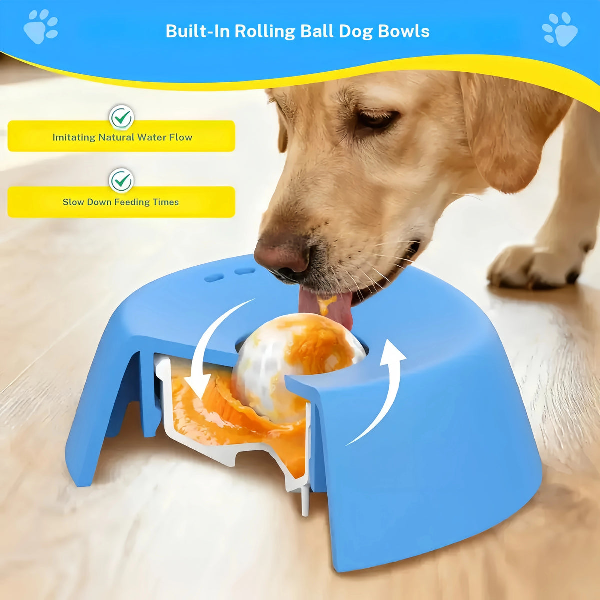 Built-in Rolling Ball Slow Feeder Dog Liquid Treat Bowl, Food Grade Portable Pet Water Snack Bowl