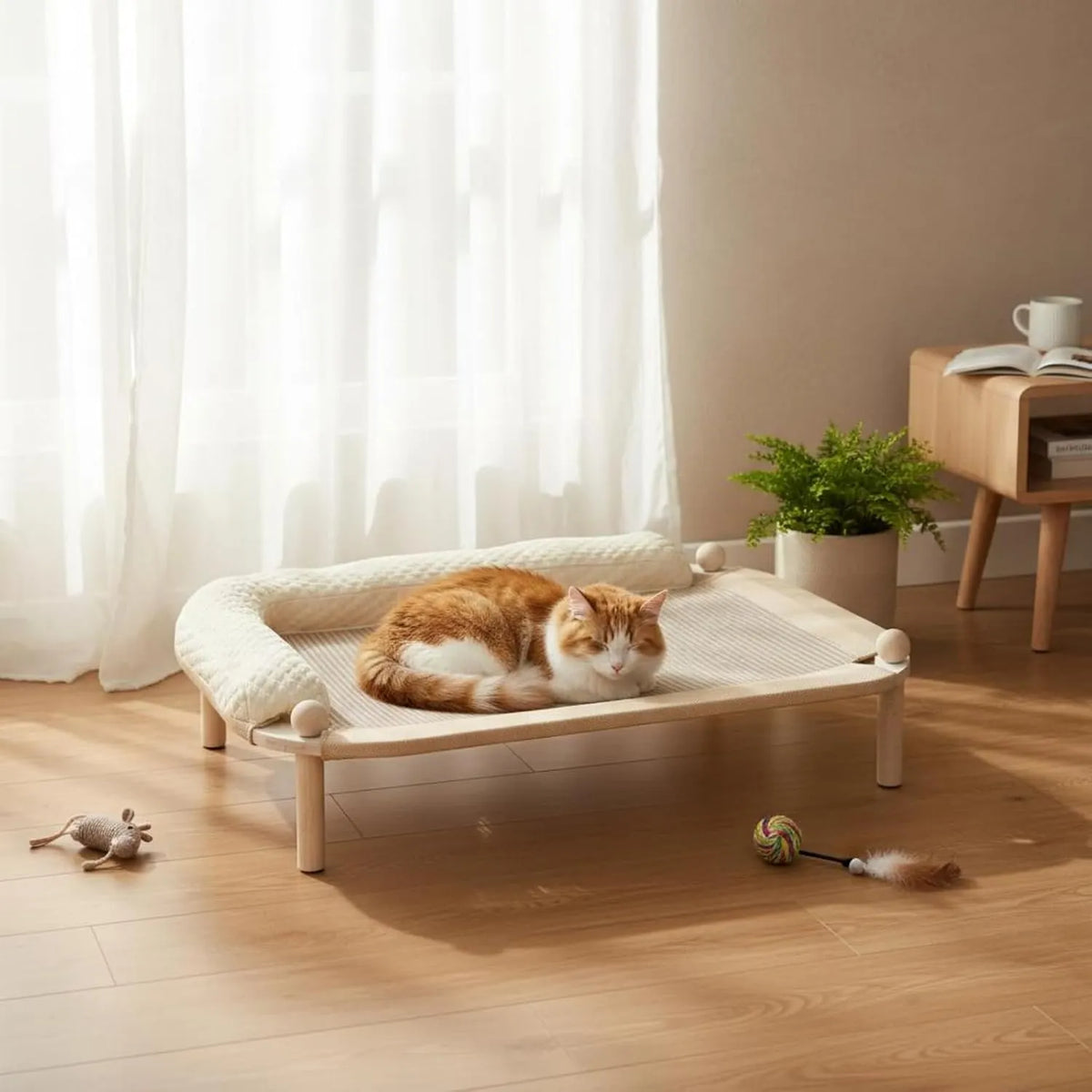Rectangular Wooden Cat Bed with Cooling or Hemp Mat