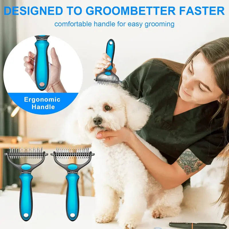 Dual Sided Pet Dematting Deshedding Comb, Non-Slip Ergonomic Grooming Brush