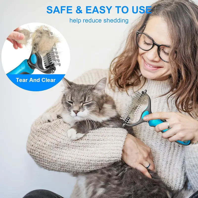 Dual Sided Pet Dematting Deshedding Comb, Non-Slip Ergonomic Grooming Brush