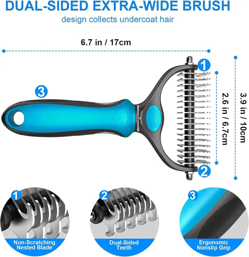 Dual Sided Pet Dematting Deshedding Comb, Non-Slip Ergonomic Grooming Brush