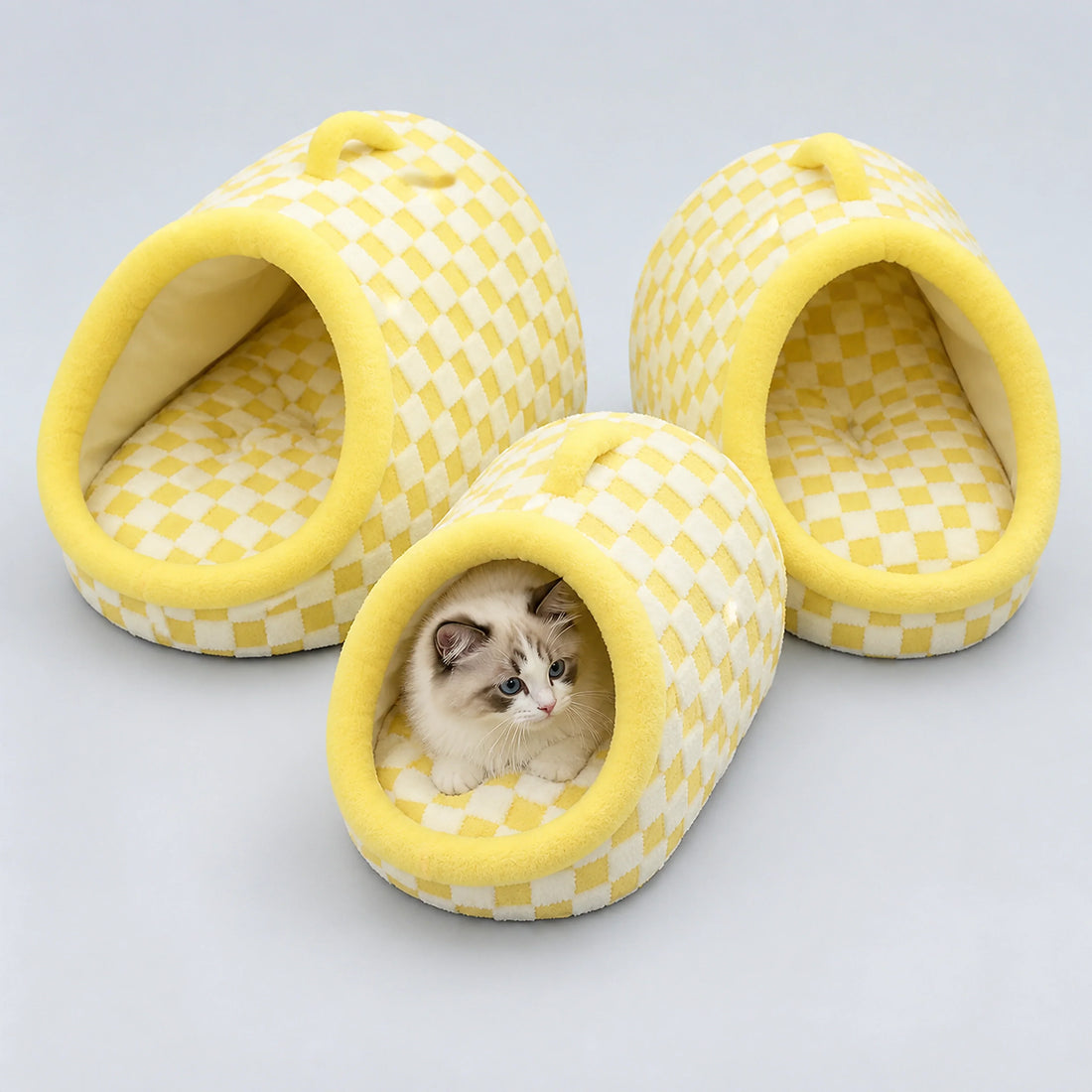Checkered Plush Cave Bed for Cats & Small Dogs