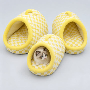 Checkered Plush Cave Bed for Cats & Small Dogs
