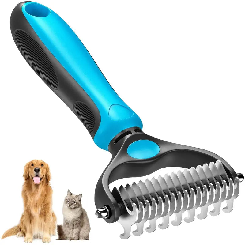 Dual Sided Pet Dematting Deshedding Comb, Non-Slip Ergonomic Grooming Brush