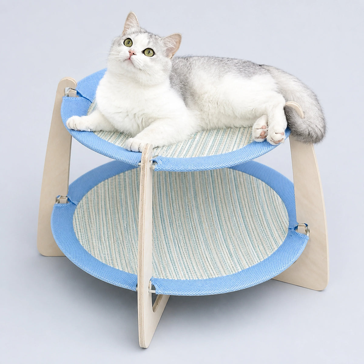 Double-Tier Wooden Cat Hammock with Woven Mats – 3 Colors