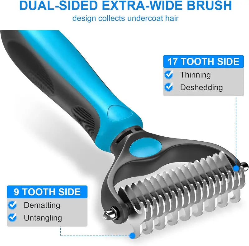 Dual Sided Pet Dematting Deshedding Comb, Non-Slip Ergonomic Grooming Brush
