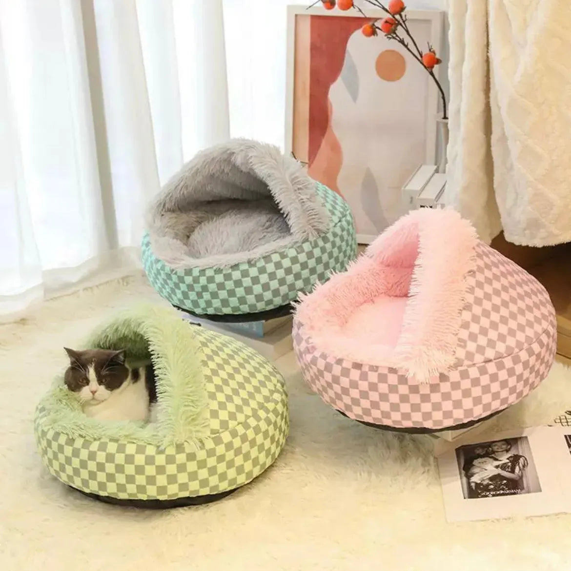 Convertible Plush Cave & Donut Pet Bed – 3 Colors, 2 Sizes