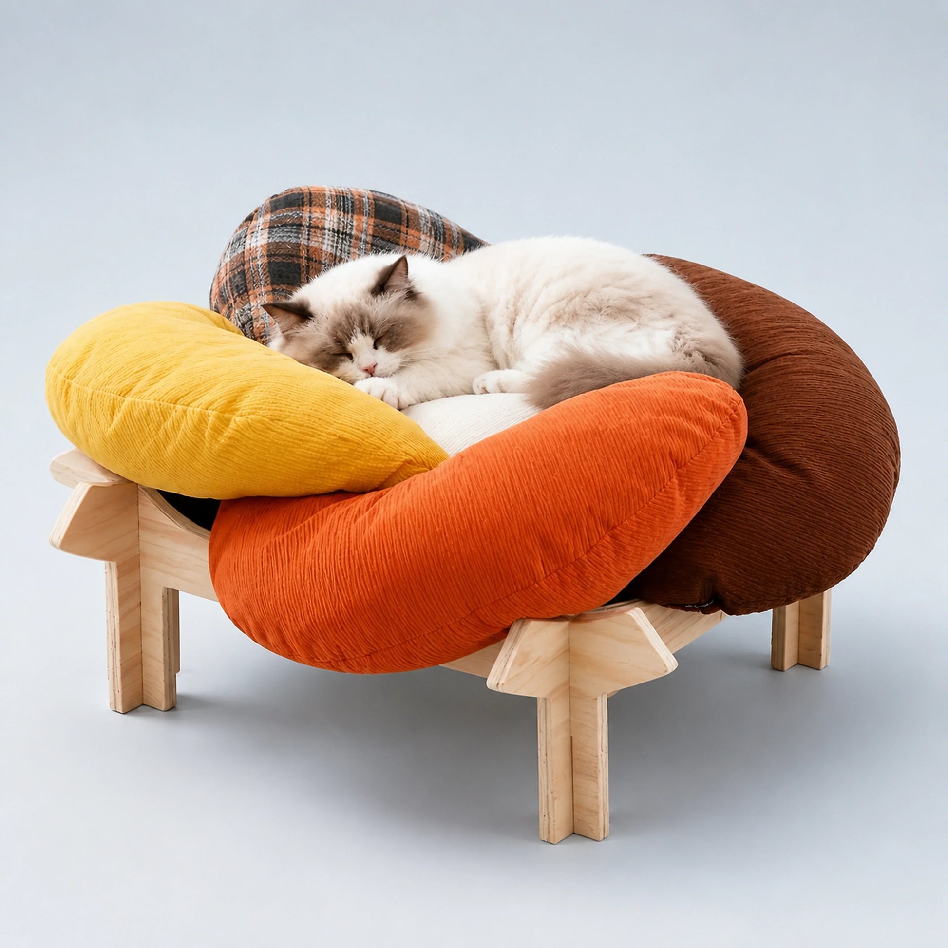 Flower-Shaped Cushioned Cat Lounge with Wooden Base