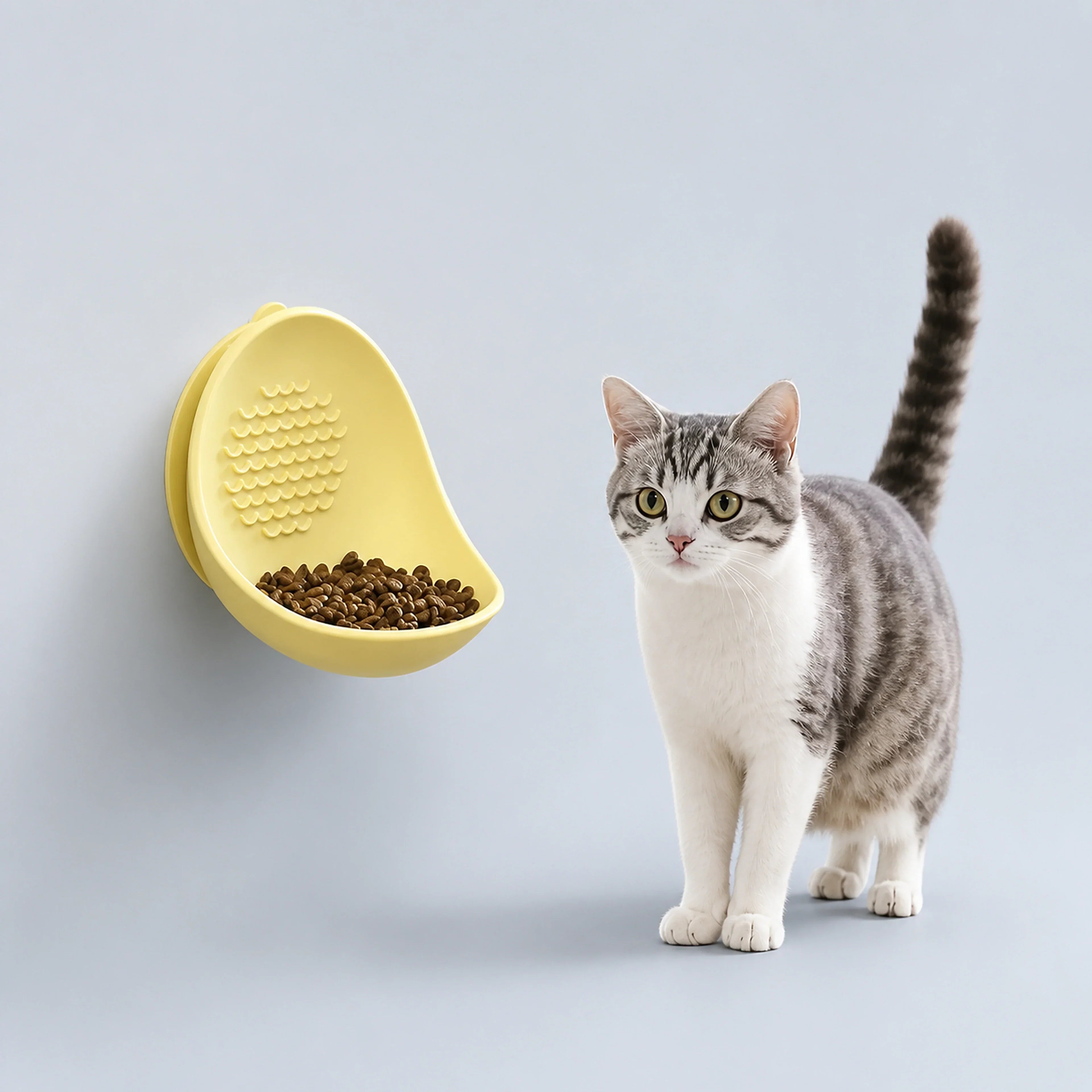 Wall-Mounted Cat Bowl with Textured Licking Panel