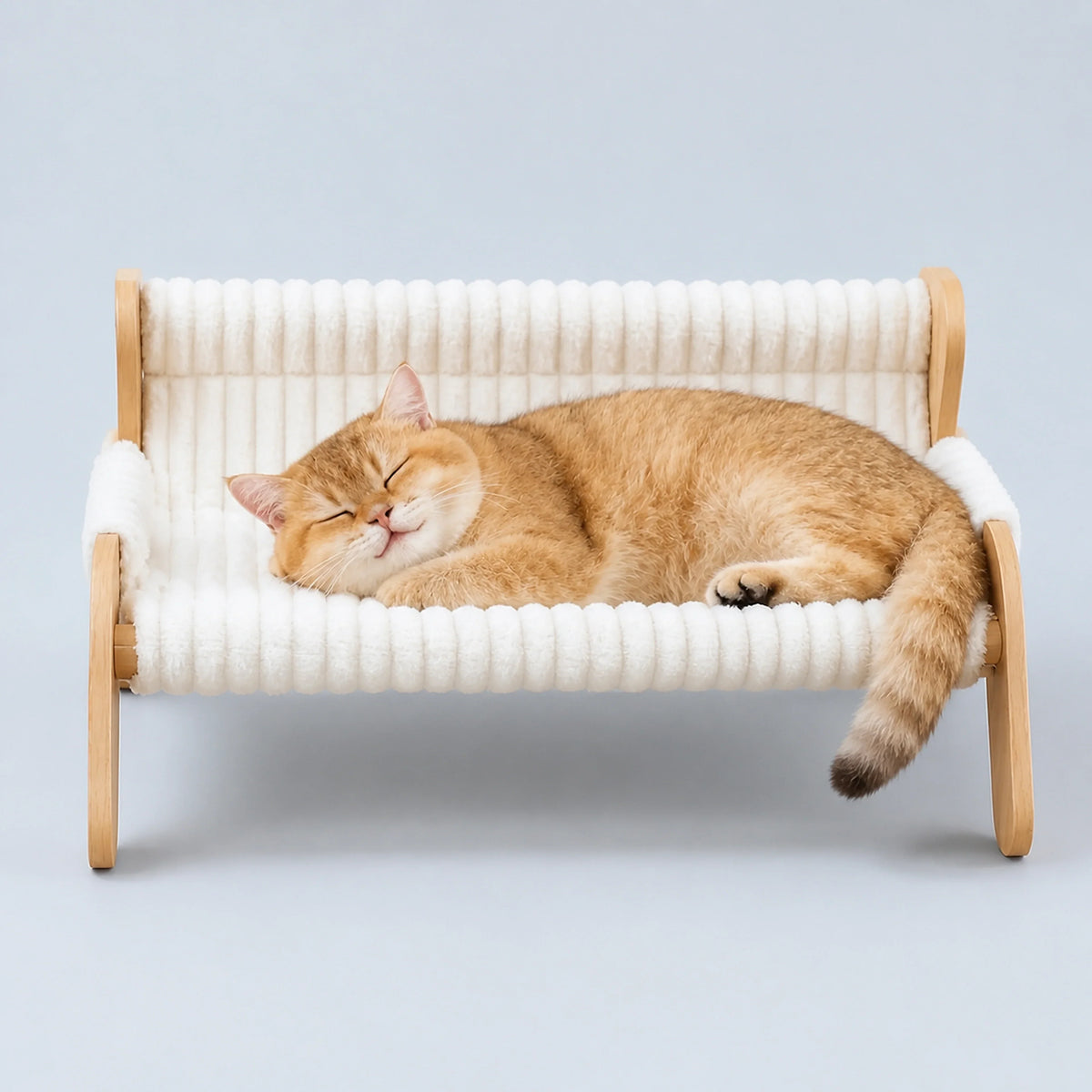 White Plush Cat Hammock with Wooden Frame